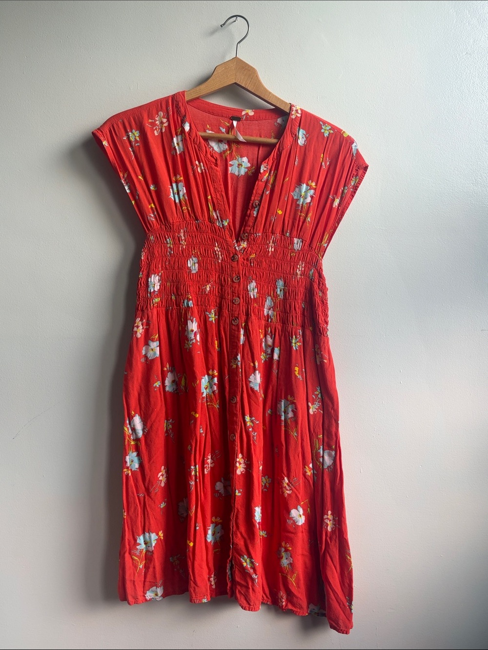 Free People  Floral Button-Front Smocked Waist Dress